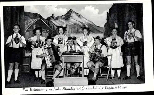 Ak Stahlschmidts Trachtenbühne, Männer und Frauen in bayerischer Tracht, Gruppenbild, Akkordeon