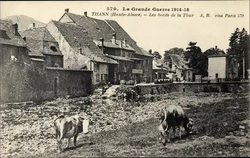 Ak Thann Elsass Haut Rhin, Les bords de la Thur, Teilansicht der Stadt, Kuhweide