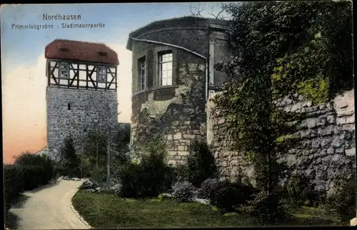 Ak Nordhausen am Harz, Primariusgraben, Stadtmauerpartie