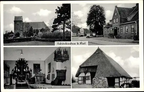 Ak Schönkirchen in Schleswig Holstein, Kirche, Dorfpartie, Reetdachhaus