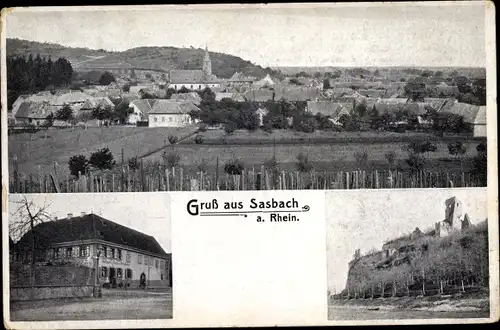 Ak Sasbach am Kaiserstuhl, Totalansicht der Ortschaft, Gasthaus, Burgruine