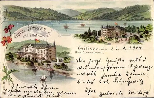 Litho Titisee Neustadt im Breisgau Hochschwarzwald, Hotel, Bes. A. Faller Eigler, Landschaftsblick