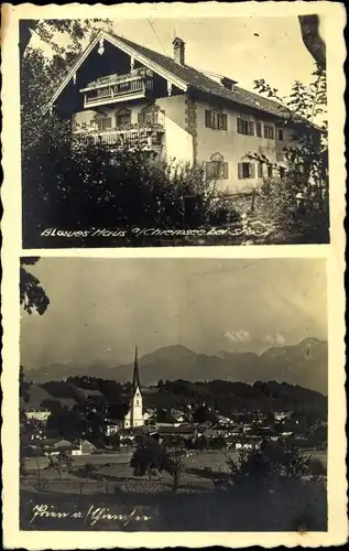 Ak Prien am Chiemsee Oberbayern, Blaues Haus, Totalansicht der Ortschaft, Kirche, Gebirge