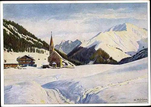 Künstler Ak Märtens, M., Berwang in Tirol, Ortspartie, Kirche, Berge