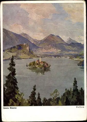 Künstler Ak Maurus, H., Bled Veldes Slowenien, Blick auf eine Insel, Berge