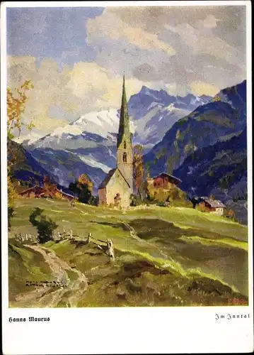 Künstler Ak Maurus, H., Kanton Graubünden, Im Inntal, Kirche