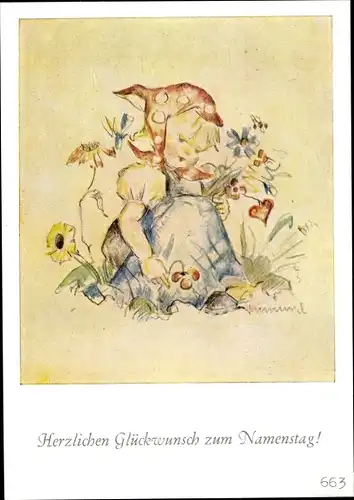 Künstler Ak Hummel, M. J., Glückwunsch Namenstag, Nr. 663, Zur eiligen Gratulation