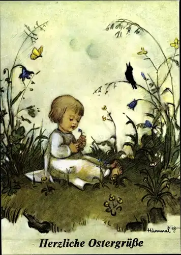 Künstler Ak Hummel, M. J., Glückwunsch Ostern, Kind auf der Blumenwiese