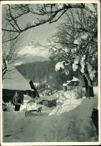 Ak Bad Aussee Steiermark, Teilansicht im Winter mit Loser, Schlitten