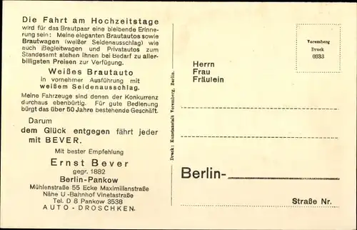 Ak Berlin Pankow, 50jh Bestehen 1932, Ernst Bever Brautauto Vermietung, Mühlenstraße 55