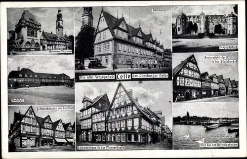 Ak Celle in Niedersachsen, Herzogsschloss, Pfennigsbrücke, Bahnhof, Fachwerkhäuser