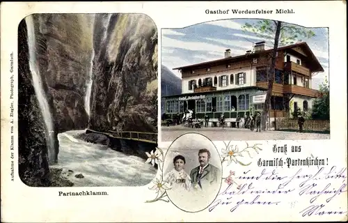 Ak Garmisch Partenkirchen in Oberbayern, Partnachklamm, Gasthof Werdenfelser Michl, Portrait