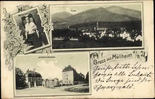 Ak Müllheim in Baden Markgräflerland, Totalansicht, Markgräflerin, Artillerie Kaserne