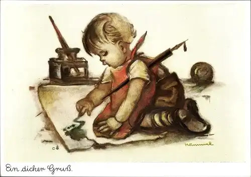 Künstler Ak Hummel, Berta, Ein dicker Gruß, Kind, Tintenfass, Nr 5202