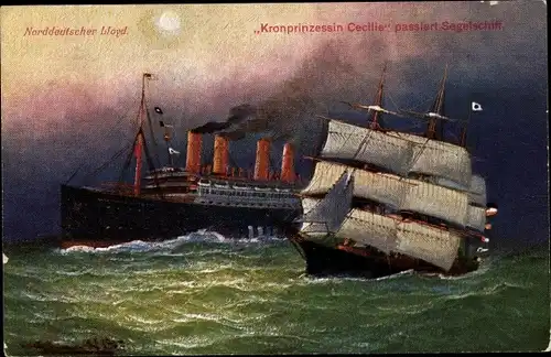 Künstler Ak Norddeutscher Lloyd Bremen, Dampfer Kronprinzessin Cecilie passiert Segelschiff