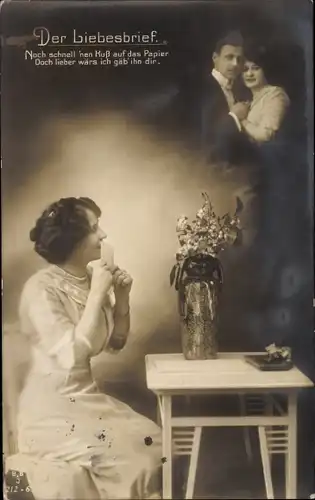 Ak Der Liebesbrief, Noch schnell nen Kuss auf das Papier, Liebespaar