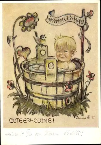 Künstler Ak Hummel, Berta, Nr. 5894, Gute Erholung, Junge im Waschbottich