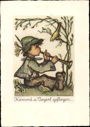 Künstler Ak Hummel, Berta, Nr. 4517, Kommt a Vogerl geflogen, Junge mit Flöte