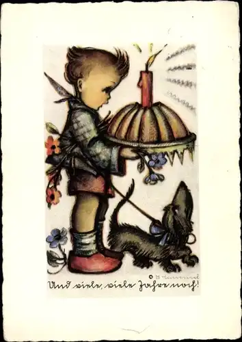 Künstler Ak Hummel, Berta, Nr. 4513, Und viele Jahre noch, Junge mit Hund und Kuchen