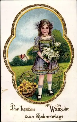 Präge Litho Glückwunsch Geburtstag, Mädchen mit Blumen