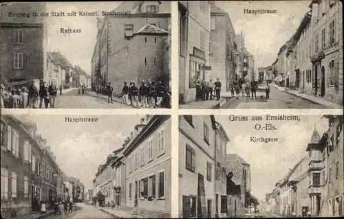 Ak Ensisheim Elsass Haut Rhin, Kirchgasse, Rathaus, Strafanstalt, Hauptstraße