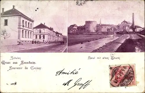 Ak Cernay Sennheim Elsass Haut Rhin, Schulen, Kanal, alter Turm