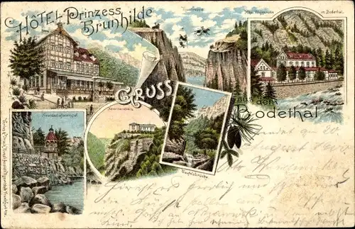 Litho Thale im Harz, Bodetal, Hotel Prinzess Brunhilde, Hexentanzplatz, Tempel, Hotel Königsruhe