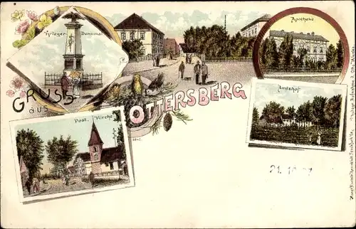 Litho Ottersberg in Niedersachsen, Kirche, Amtshof, Apotheke, Kriegerdenkmal