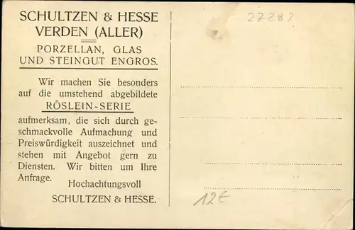 Ak Verden an der Aller, Porzellanfabrik Schultzen & Hesse, Neue Röslein Serie, Geschirr