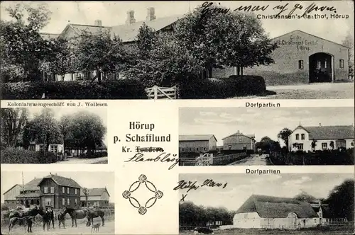 Ak Hörup in Schleswig Holstein, Gasthof Christiansen, Geschäft J. Wollesen, Dorfpartie