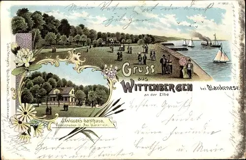 Litho Hamburg Altona Rissen Wittenbergen, Gasthaus von J. Wiggers, Elbufer