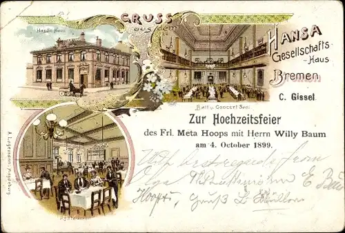 Litho Hansestadt Bremen, Hansa Gesellschaftshaus, Hochzeitsfeier Meta Hoops, Willy Baum, 1899