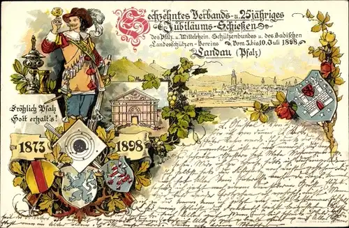 Ganzsachen Wappen Litho Landau in der Pfalz, 16. Verbands und 25jh Jubiläumsschießen Juli 1898