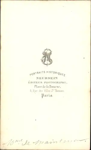 Carte de Visite Françoise d’Aubigné, marquise de Maintenon, Mätresse Ludwigs XIV. von Frankreich