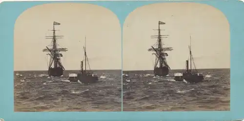 Stereo Foto Segelschiff mit Schlepper, ca 1860