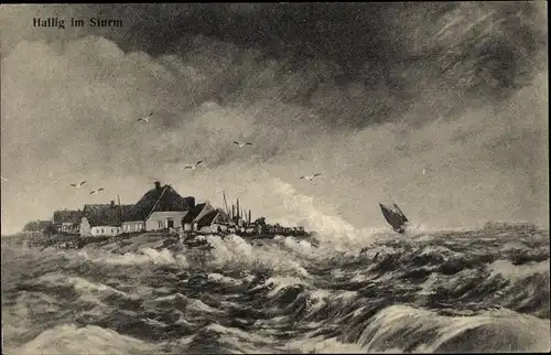 Künstler Ak Hallig Oland Nordfriesland, Hallig im Sturm