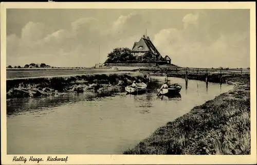 Ak Hallig Hooge in Nordfriesland, Kirchwarf, Ruderboote, Brücke