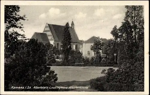 Ak Kamenz Sachsen, Albertplatz, Lessinghaus, Klosterkirche