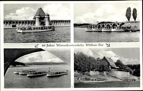 Ak Möhnesee im Kreis Soest Nordrhein Westfalen, Motorbootverkehr, Brücke