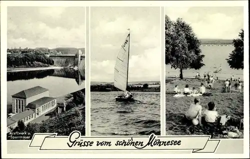 Ak Möhnesee im Kreis Soest Nordrhein Westfalen, Wassersport, Segelboot, Strandbäder, Kraftwerk