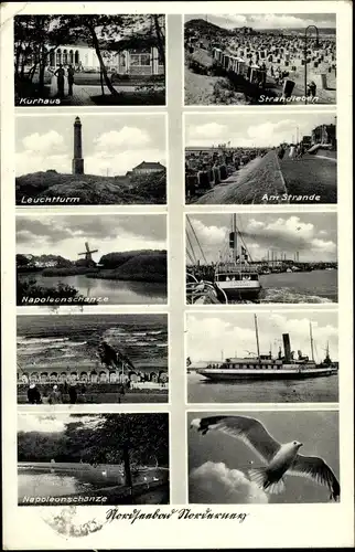 Ak Norderney in Ostfriesland, Kurhaus, Leuchtturm, Napoleonschanze, Windmühle, Möwe