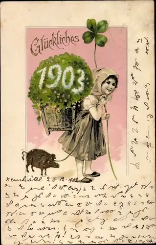 Präge Litho Glückwunsch Neujahr, Jahreszahl 1903, Mädchen mit Rückentrage, Schwein, Kleeblätter