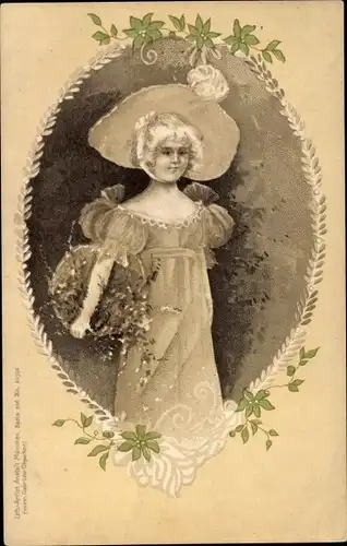 Litho Frau mit Blumenkorb und Hut
