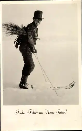 Ak Glückwunsch Neujahr, Schornsteinfeger auf Skiern