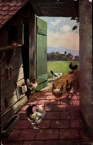 Künstler Ak Schönian, Alfred, Hühner im Stall