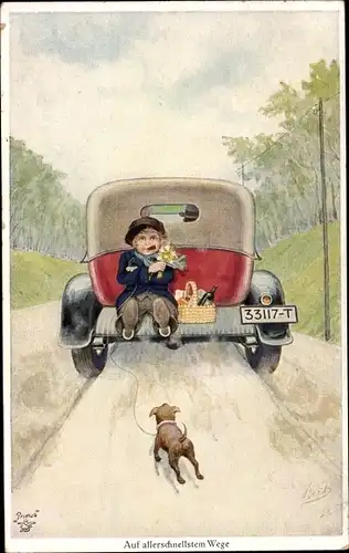 Künstler Ak Bert, Auf allerschnellstem Wege, Auto, Hund, Primus 1283