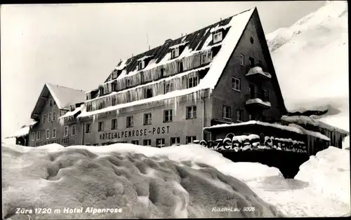 Ak Zürs Lech in Vorarlberg, Hotel Alpenrose Post im WInter
