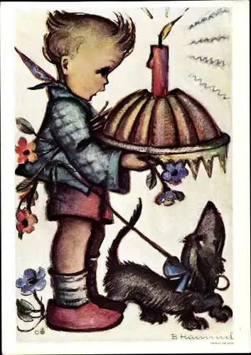 Künstler Ak Hummel, Berta, Nr. 14384, Junge mit Hund und Kuchen