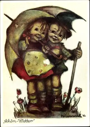 Künstler Ak Hummel, Berta, Nr. 5008, Schönwetter, Kinder unterm Regenschirm