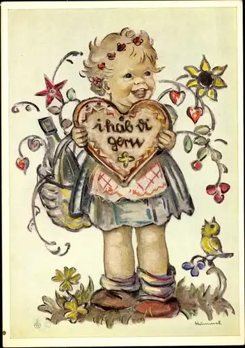 Künstler Ak Hummel, Berta, Nr. 5940, I hab di Gern, Mädchen mit Lebkuchenherz